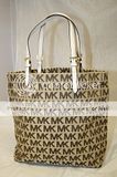 MICHAEL KORS NEW $198 NORTH SOUTH MK LOGO JACQUARD BEIGE TOTE HANDBAG 